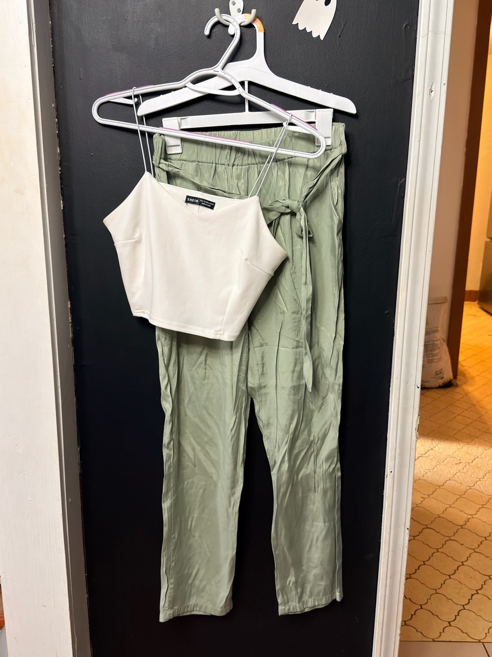 SHEIN Sage Paperbag Waist Straight Leg Pants with Cream Cropped Cami